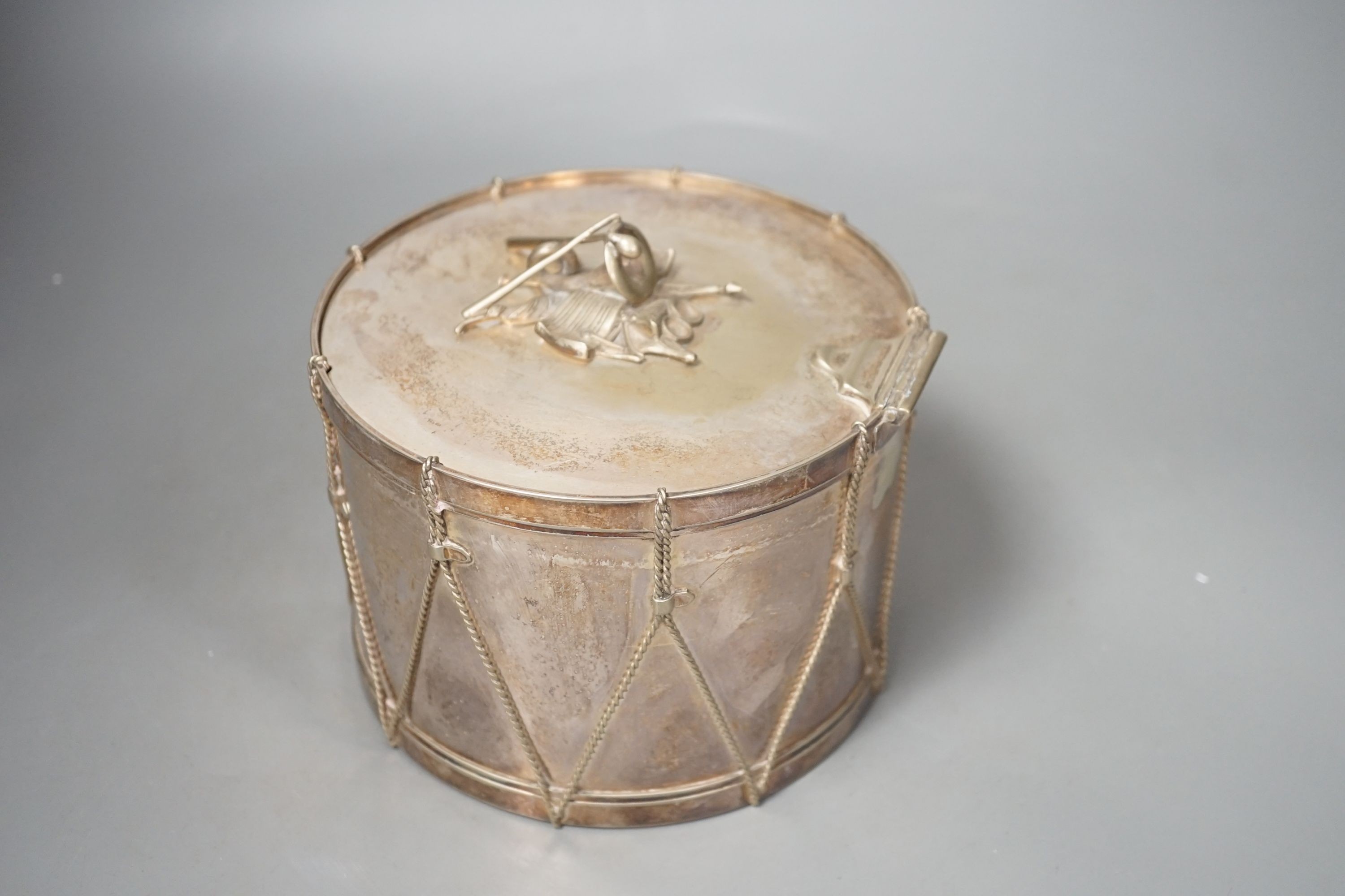 A late 19th century silver-plated box modelled as a military drum, diameter 15.5cm